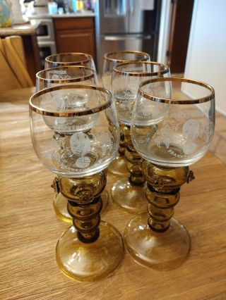 6 Vintage Bruckenkeller Frankfurt Gold Trim German Wine Glasses