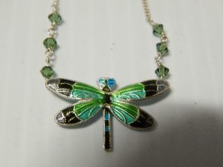 Vintage Mexican Sterling Silver Enamel Dragonfly Necklace W/small Green Stones