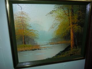 Vintage Oil Painting Artist Signed Kant Art Swamp River Scene Trees Greens