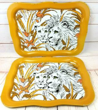 Vintage Metal Tv Tray Set Of 2 Lions In Grass Retro Lap Table Ohio Art Co Usa