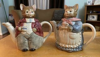 Vintage Set Of 2 Otagiri Japan Tea Pot Hand Painted Porcelain Parent Cats