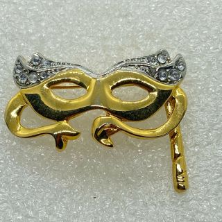 Vintage Masquerade Mask Brooch Pin Rhinestone Two Tone Costume Jewelry