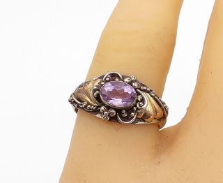 925 Silver & 18k Gold - Vintage Amethyst Two Tone Band Ring Sz 7.  5 - R16625