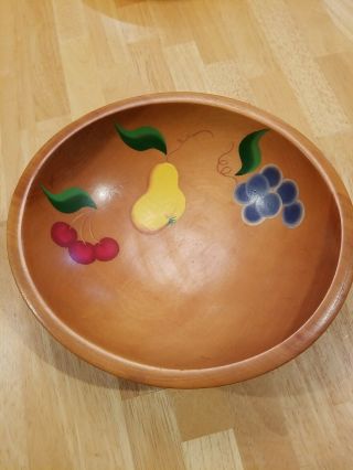 Vtg Primitive 11.  25 " Wooden Bowl Hand - Painted Fruit Pear Rustic Farm Decor