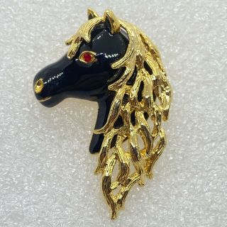 Vintage Horse Head Brooch Pin Rhinestone Black Enamel Pony Costume Jewelry