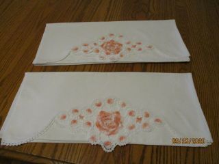 Vintage White Cotton Pillowcases With Pink Crochet 33 " X19 "