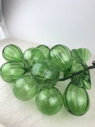 Vintage Green Italian Murano Hand Blown Glass Grapes Large 14 " Cluster Of 10