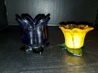 2 Vtg Art Glass Tulip Flower Votive Candle Holder Handblown Purple/yellow