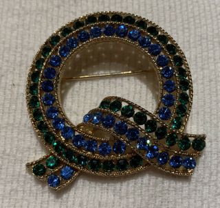 Vintage Lisner Blue And Green Rhinestone Pin