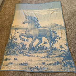 Vtg Unicorn Mystical Planes Blue Reversible Blanket Acryl Velours 53” X 75” Usa