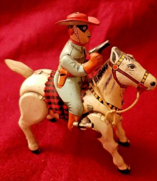 Vintage Japan Tin Litho Lone Ranger Windup Toy On Horse