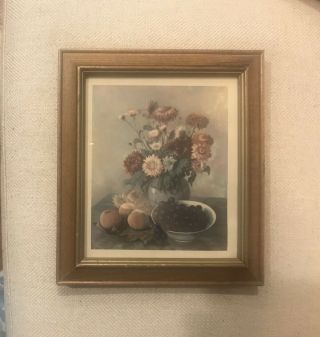 Vintage Mid Century Floral Fruit Still Life Picture,  Framed By Fleck Bros.  Nyc