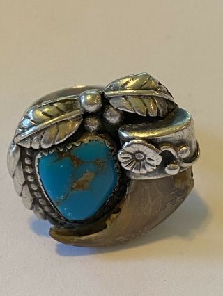 Vintage Native American Navajo Turquoise Faux Claw Sterling Silver Ring Size 6