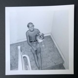Vintage Photo Snapshot Handsome Blonde Young Man Poses Shirtless W/ Cute Dog