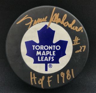 Frank Mahovlich 27 Signed Autographed Maple Leafs Trench Hockey Puck Hof Psa