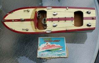 Vintage Japan Wooden Battery Operated Toy Boat W/motor - 15 1/2 "