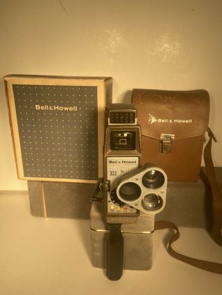 Vintage Bell & Howell Model 333 8mm Movie Camera & Sunometer & Box 50s