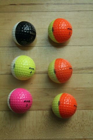 6 Two - Tone Ping Golf Balls Yellow Orange Black White Pink Plus Vintage Tees