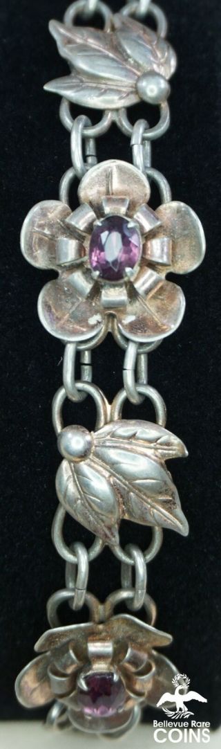 Vintage Sterling Silver (. 925) & Purple Glass Stone Floral Link Bracelet