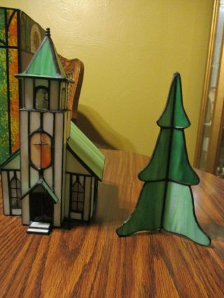 Large Vintage Tiffany - Style Stained Glass Accent Lamp Church & Tree