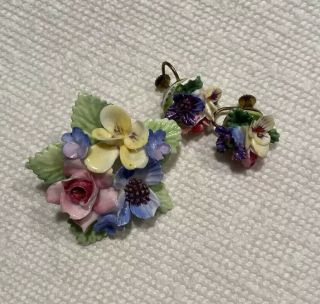 Vintage Crown Staffordshire Porcelain Pin And Earring Set