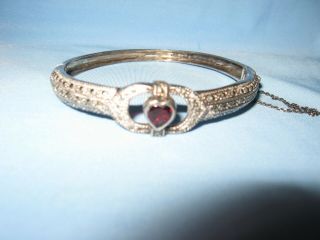 Vintage Sterling Silver Hinged Bangle Bracelet With Red Ruby Stone - Safety Chain