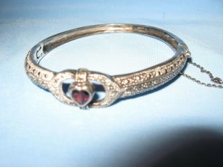 VINTAGE STERLING SILVER HINGED BANGLE BRACELET WITH RED RUBY STONE - SAFETY CHAIN 2