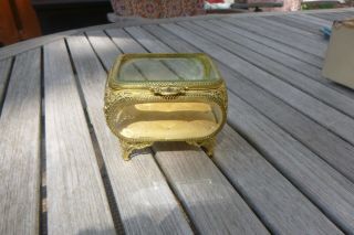 Vintage Regency Jewelry Trinket Casket Box,  Ormolu Gold Filigree,  Beveled Glass