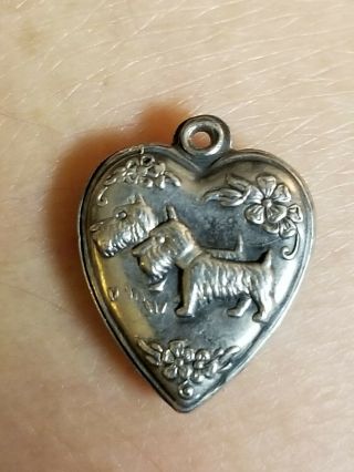 Vtg Sterling Silver Repousse Puffy Heart Charm Scotty Dogs & Flowers