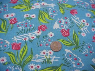 Vintage Full Feed Sack Blue Background Red Tulips Blue & White Flowers 43 " X37 "