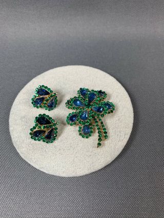 Vintage Crown Trifari Royal Blue & Green Rhinestone Pin & Matching Earrings