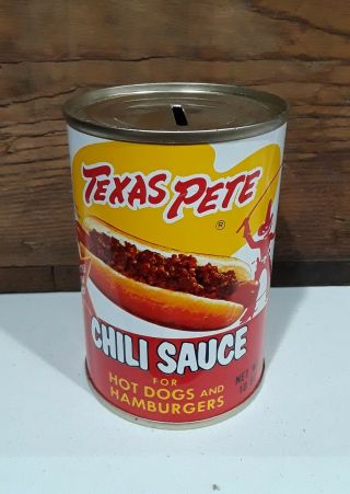 Vintage - Texas Pete Chili Sauce - Tin Can Coin Bank Advertising Collectible