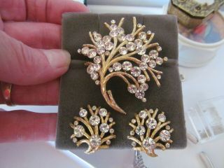 Vtg Crown Trifari Clip Earrings Pin Brooch Gold Tone Clear Rhinestone Set Tree