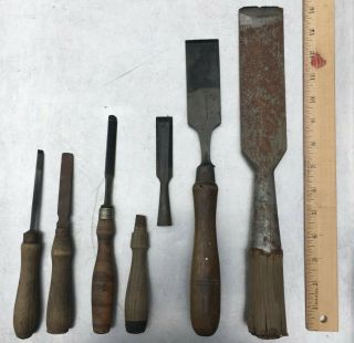 Vintage Wood Chisels / Lathe Turning Tools Varied Brands Qty.  Of Six (6)
