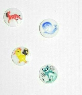 4 Vintage Glass Kiddie Buttons Assortment Horse,  Snail,  Cat,  & Chicken.  1/2 ".