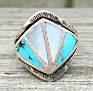 Turquoise Sterling Silver Mop Inlay Navajo Native American Ring Vintage Size 6