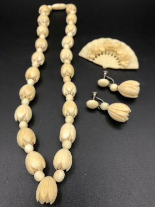 Vtg Faux Ivory Plastic Asian Chinese Carved Necklace Fan Pin Earrings Flower