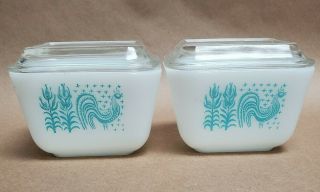 Set Of 2 Vintage Pyrex Turquoise Amish Rooster Storage Refrigerator Dishes 501