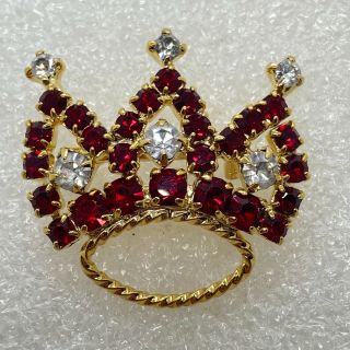 Vintage Royal Crown Brooch Pin Red Clear Glass Rhinestone Costume Jewelry
