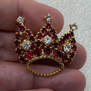 Vintage ROYAL CROWN BROOCH Pin Red Clear Glass Rhinestone Costume Jewelry 2