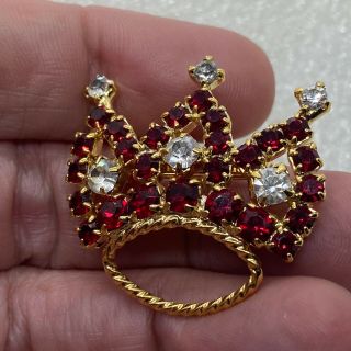 Vintage ROYAL CROWN BROOCH Pin Red Clear Glass Rhinestone Costume Jewelry 3
