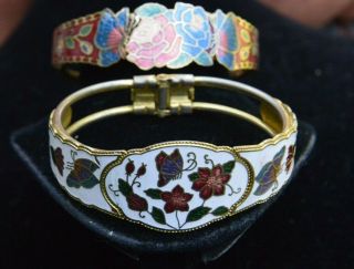 2 Darling Vintage Enamel Floral Clamper Bracelets