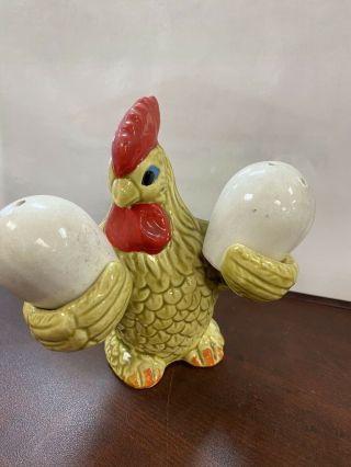 Vintage Rooster Holding Eggs Salt And Pepper Shaker Set