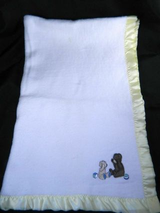 Carters Vintage White Teddy Bear Puppy Baby Blanket Yellow Satin 100 Cotton