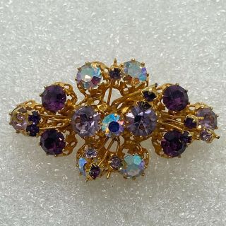 Signed Karu Arke Vintage Cluster Brooch Pin Purple Ab Rhinestone Costume Jewelry