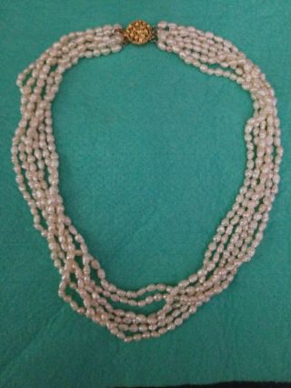 Vintage 6 Strand Fresh Water Pearl Necklace With Silver Gold Vermeil Clasp 17 "