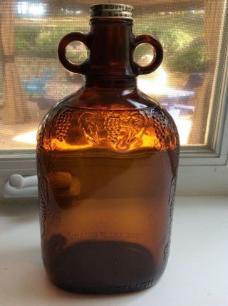 Vintage Carmel Half Gallon Brown/amber Glass Jug/bottle Embossed Grapes Cap