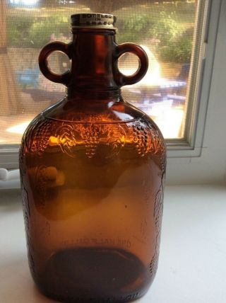 Vintage Carmel Half Gallon Brown/Amber Glass Jug/Bottle Embossed Grapes Cap 2