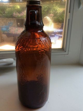 Vintage Carmel Half Gallon Brown/Amber Glass Jug/Bottle Embossed Grapes Cap 3