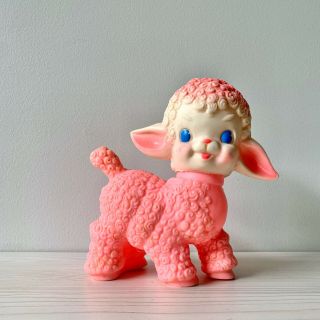 Vintage 1955 Sun Rubber Pink Lamb Squeaker Toy Blue Eyes Head Moves Great